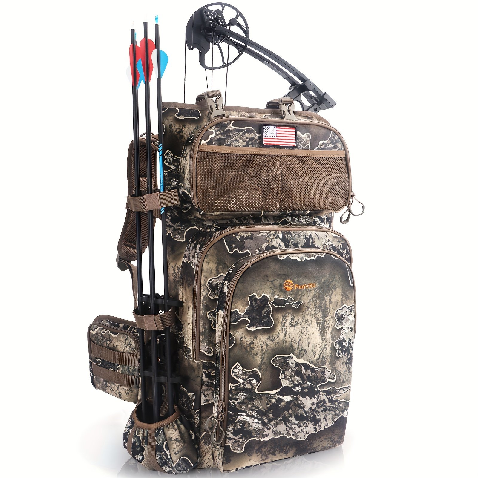 Side view of a digital rocky camo bow hunting backpack with vertical arrow quiver and external bow cradle