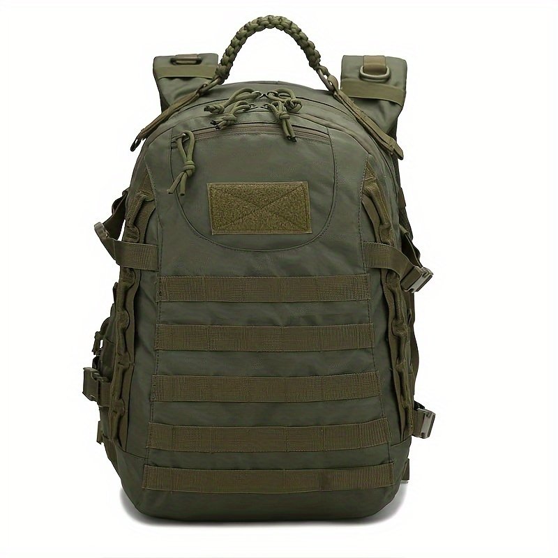 Side view of tactical hunting backpack displaying MOLLE webbing and compression straps on a neutral background