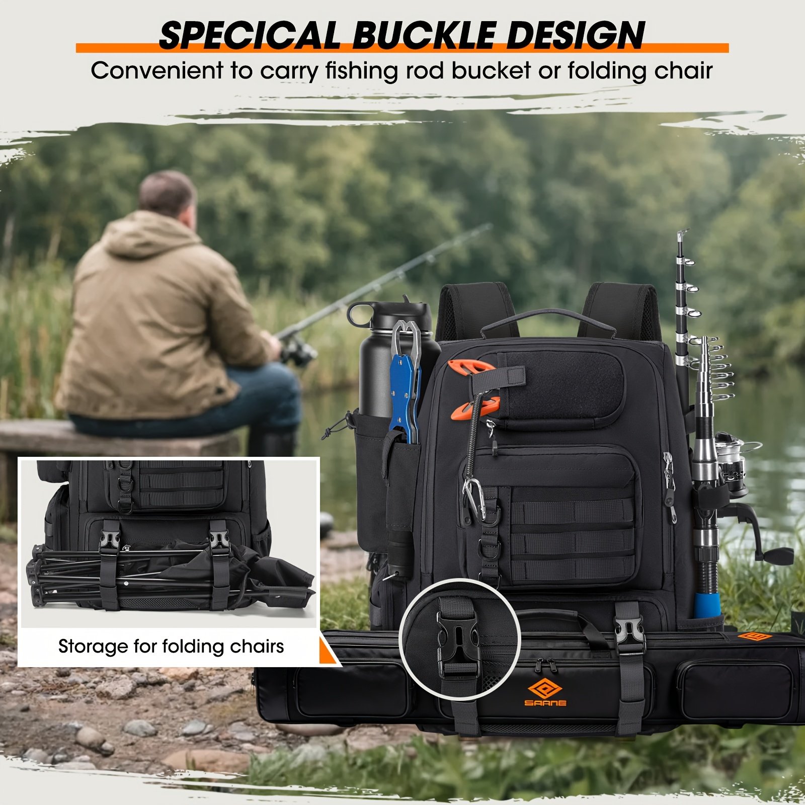 Side view of hunting saddle backpack featuring rod holder and water bottle pocket