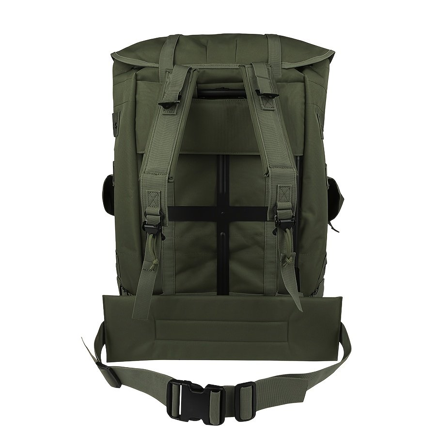 Side angle of military-style hunting frame backpack displaying large cargo pocket and vinyl ID window