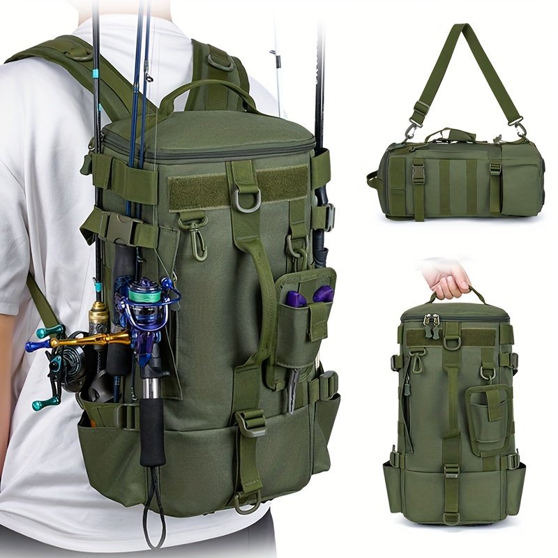 Olive green bow hunting backpack with external rod holders and padded straps