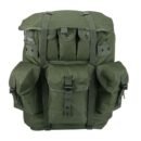Front view of olive drab hunting backpack with frame showing multiple utility pockets and compression straps