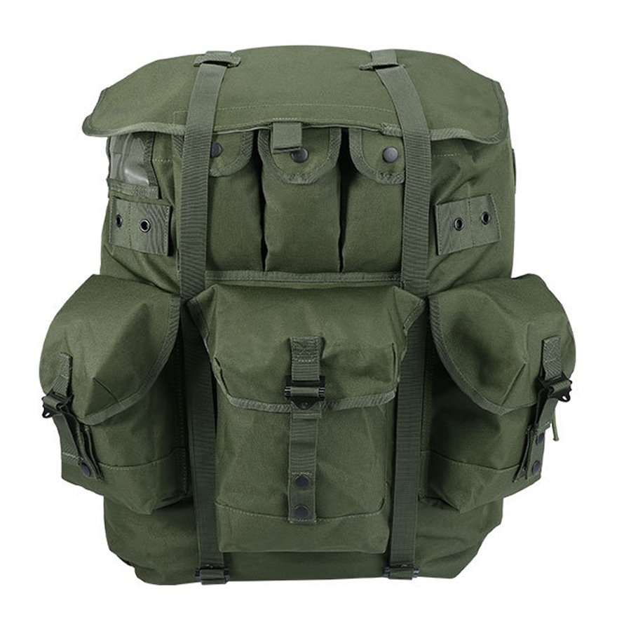 Front view of olive drab hunting backpack with frame showing multiple utility pockets and compression straps