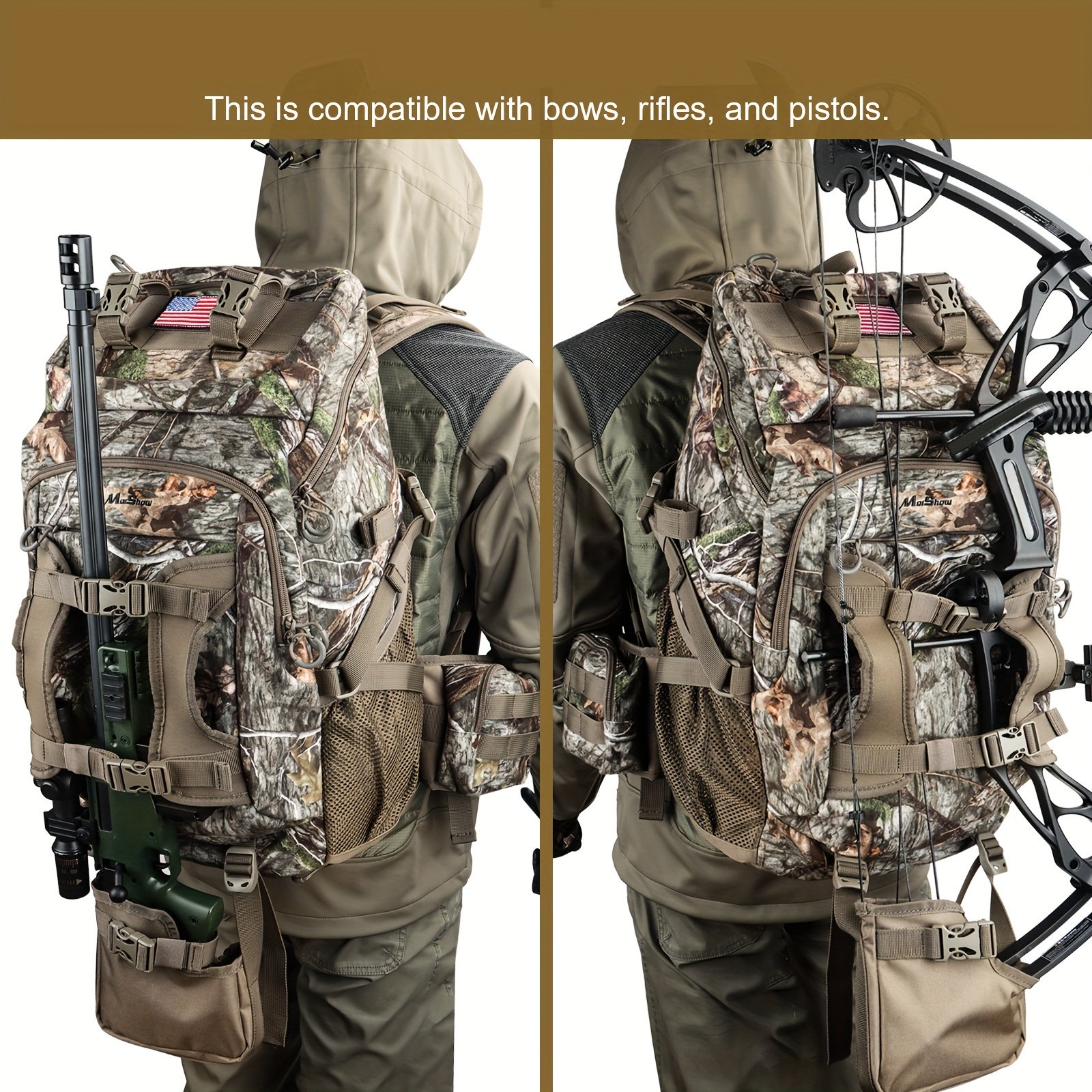 Best hunting backpack with rifle holder in woodland camo featuring vertical scabbard and bow straps shown from front