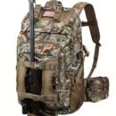 Woodland camo hunting backpack with gun holder shown with vertical rifle secured in front carry straps