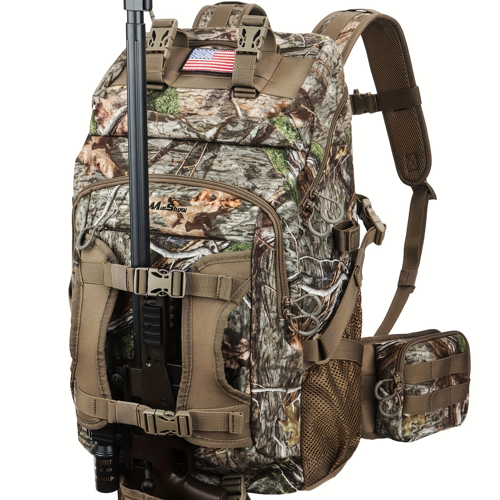 Woodland camo hunting backpack with gun holder shown with vertical rifle secured in front carry straps