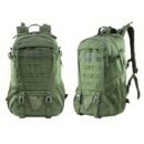 Front view of an army green saddle hunting backpack with horizontal MOLLE webbing and zippered compartments