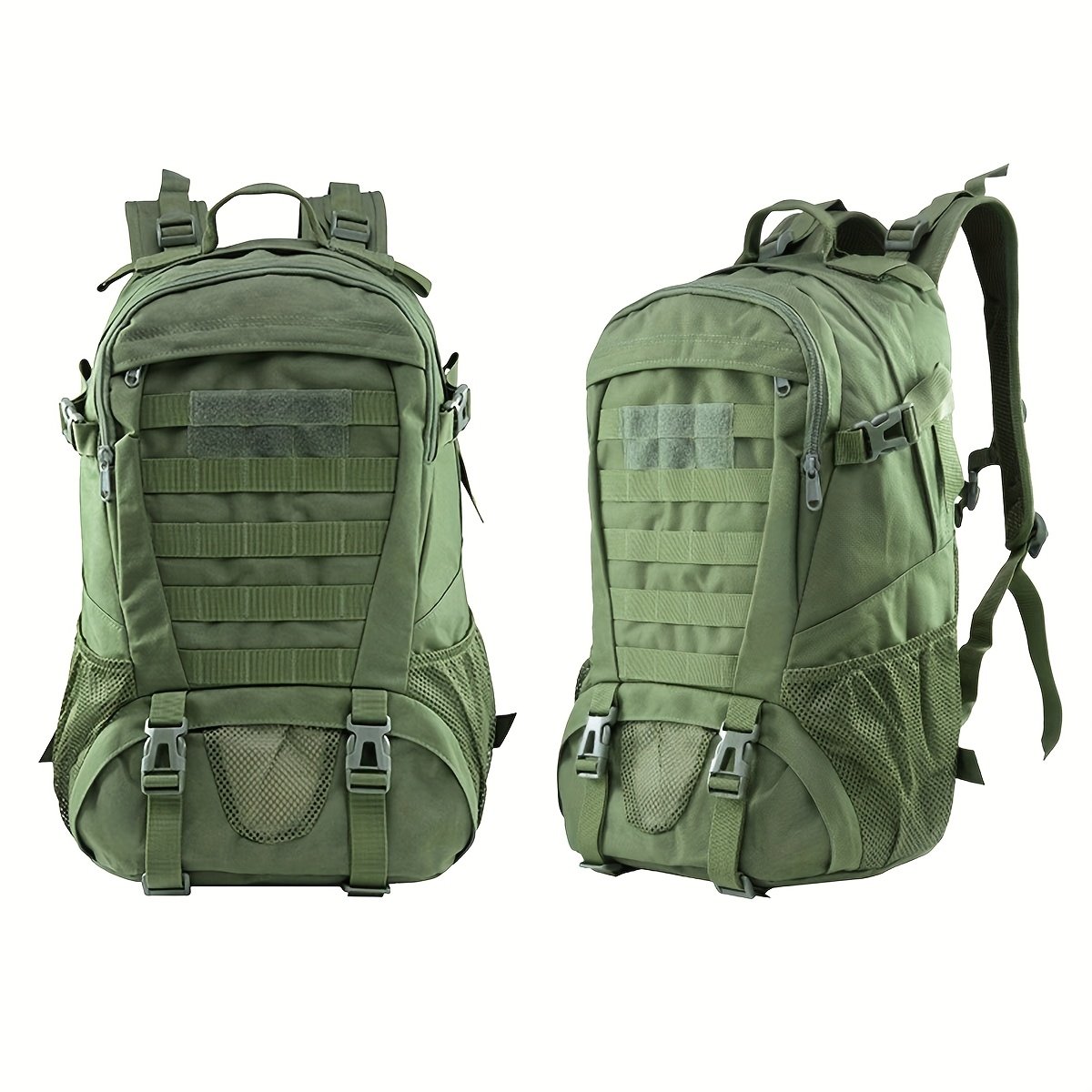 Front view of an army green saddle hunting backpack with horizontal MOLLE webbing and zippered compartments