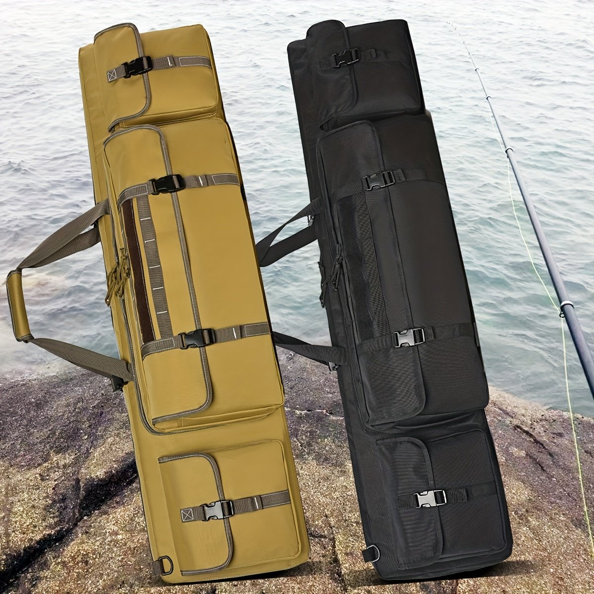 Khaki hunting day backpack standing upright on rocky shoreline with fishing rod inside