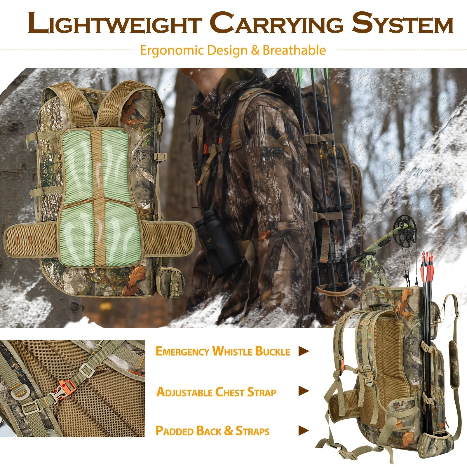 Side profile of a bow hunting backpack showing integrated daypack straps and utility pocket