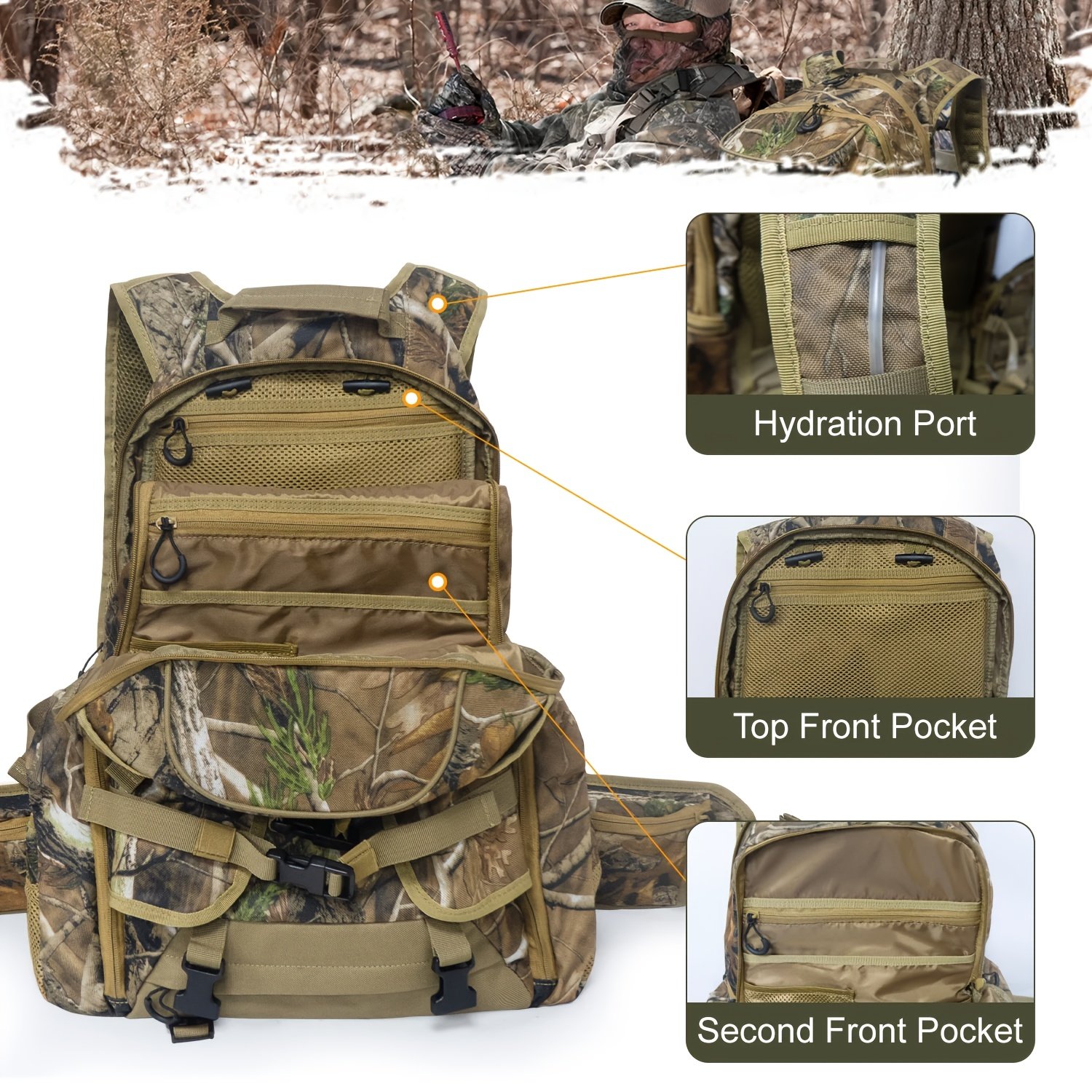 Front angle of a branch-and-leaf camo daypack highlighting the upper accessory pocket and hydration tube port