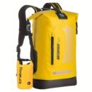 Bright yellow waterproof hunting backpack shown upright with detachable mini dry bag clipped to the side