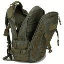 Olive drab camo backpack for hunting shown with clamshell main compartment fully open to reveal internal dividers