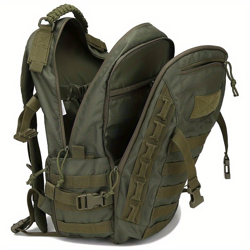 Olive drab camo backpack for hunting shown with clamshell main compartment fully open to reveal internal dividers
