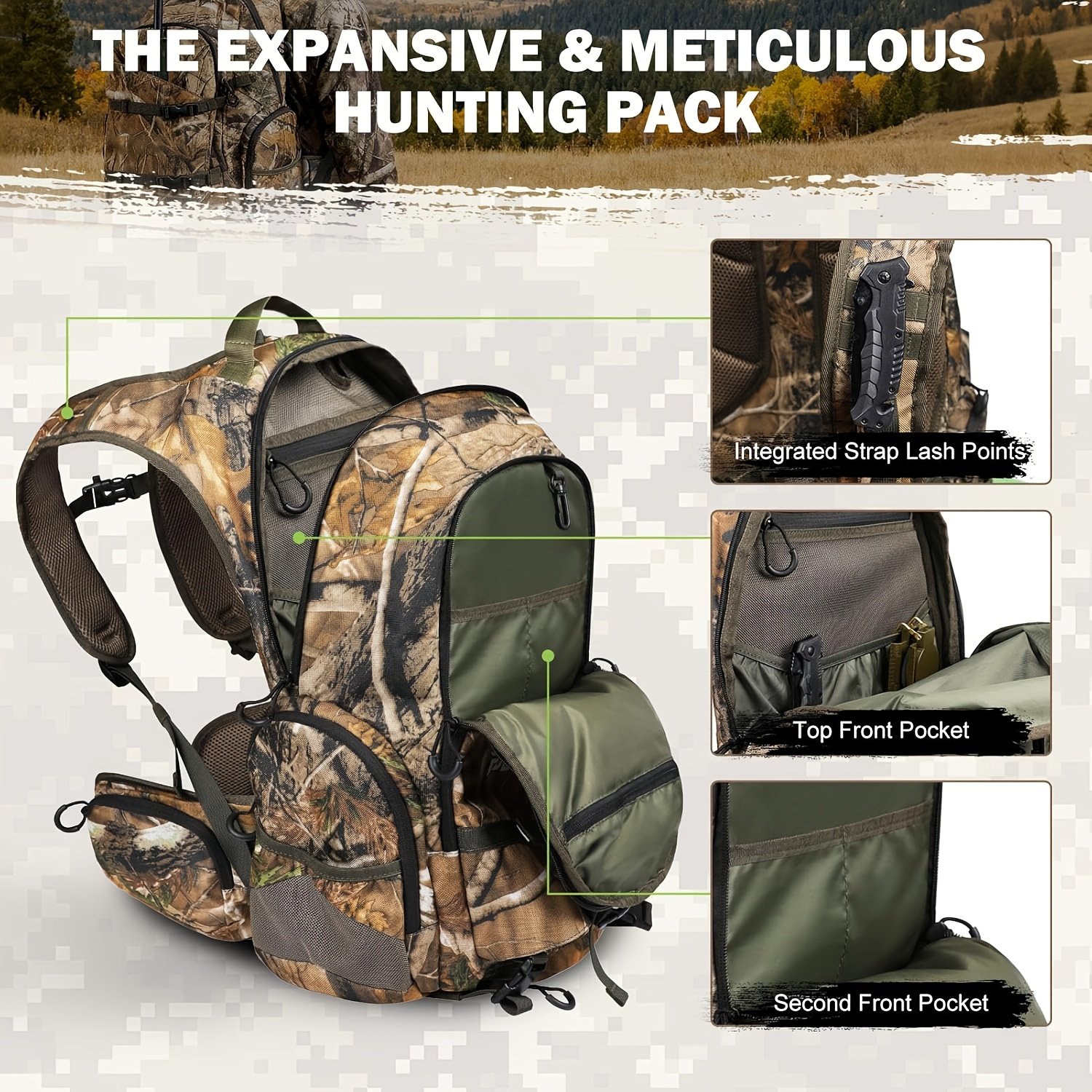 Saddle hunting backpack in Realtree Edge camo showing padded shoulder straps and breathable back panel