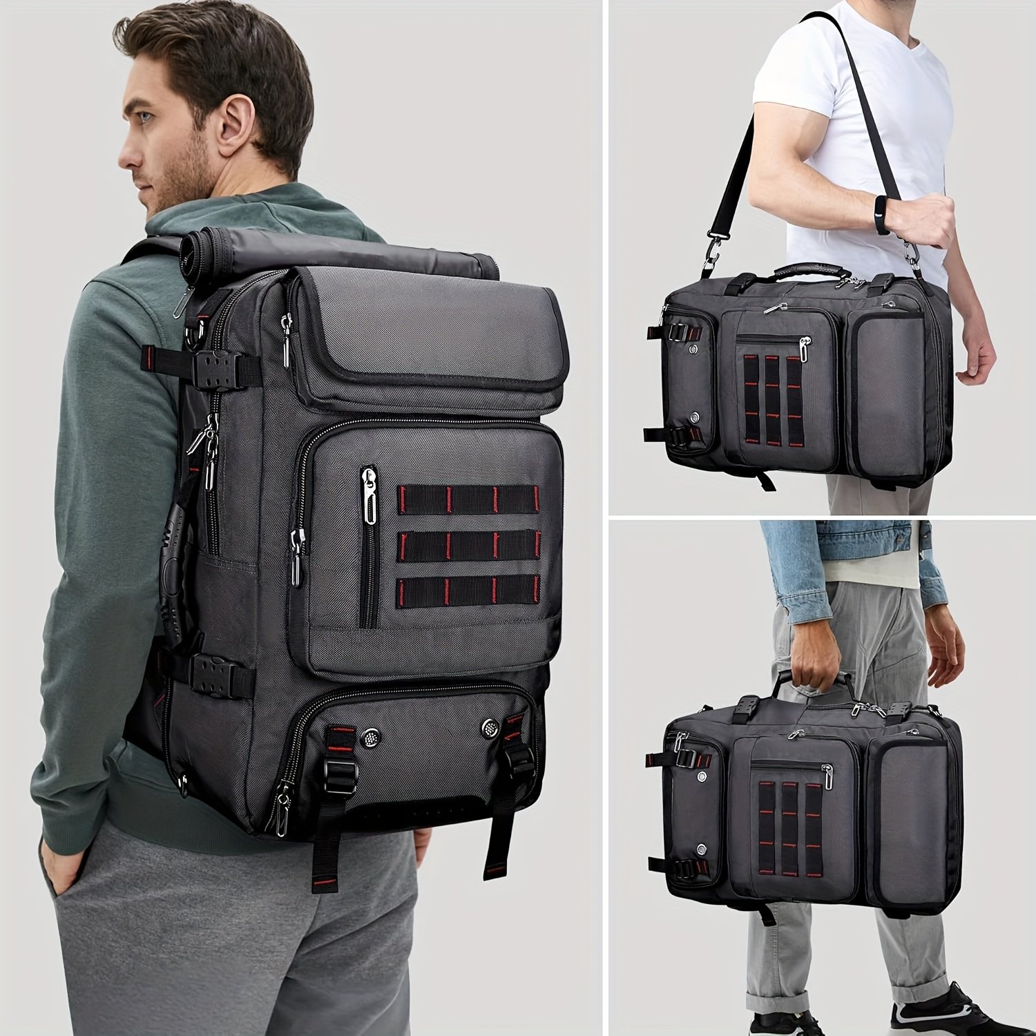 Charcoal tactical hunting backpack with red-accented MOLLE webbing and stacked front pockets