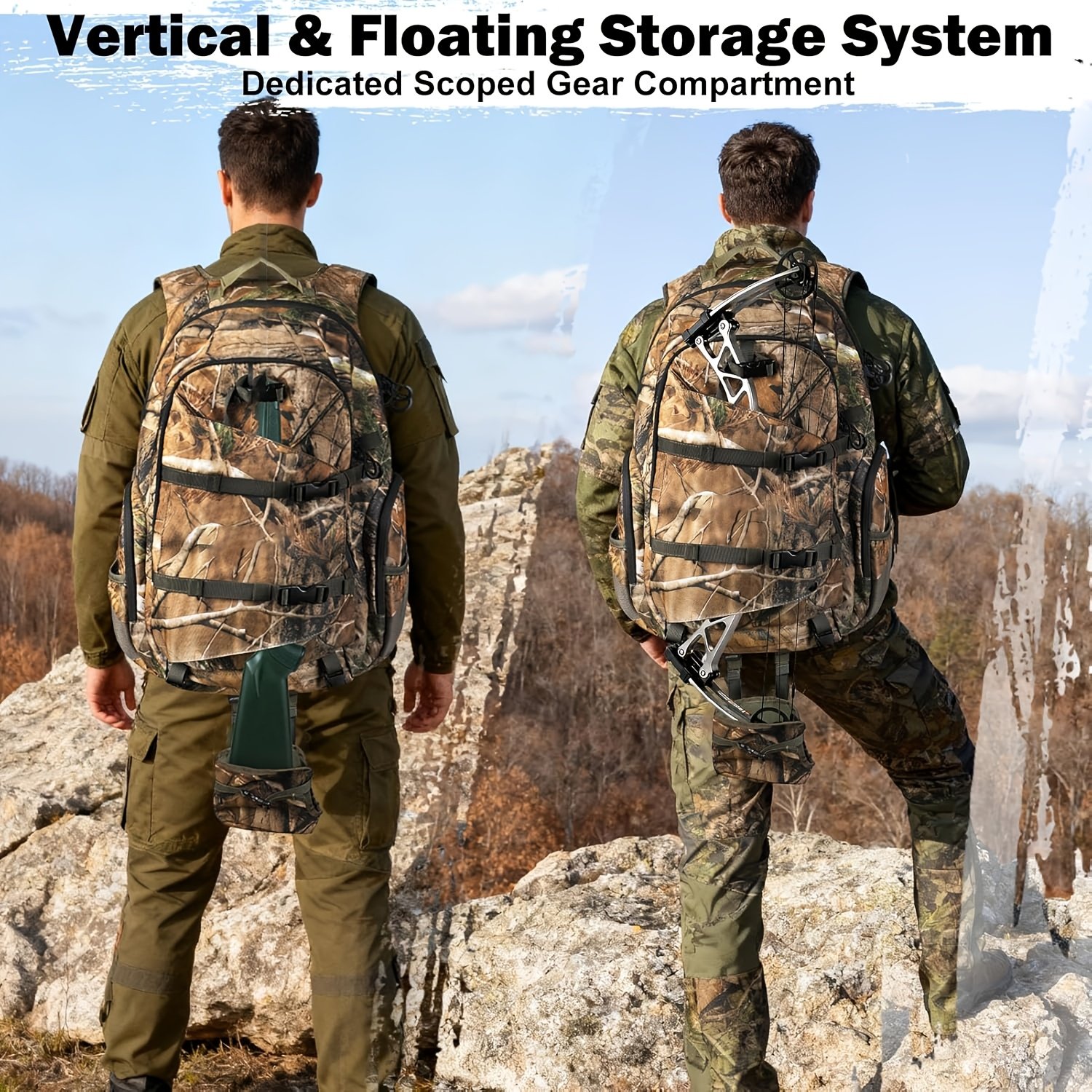 Camo backpack for hunting with stacked front pockets and olive green interior organizer sleeves