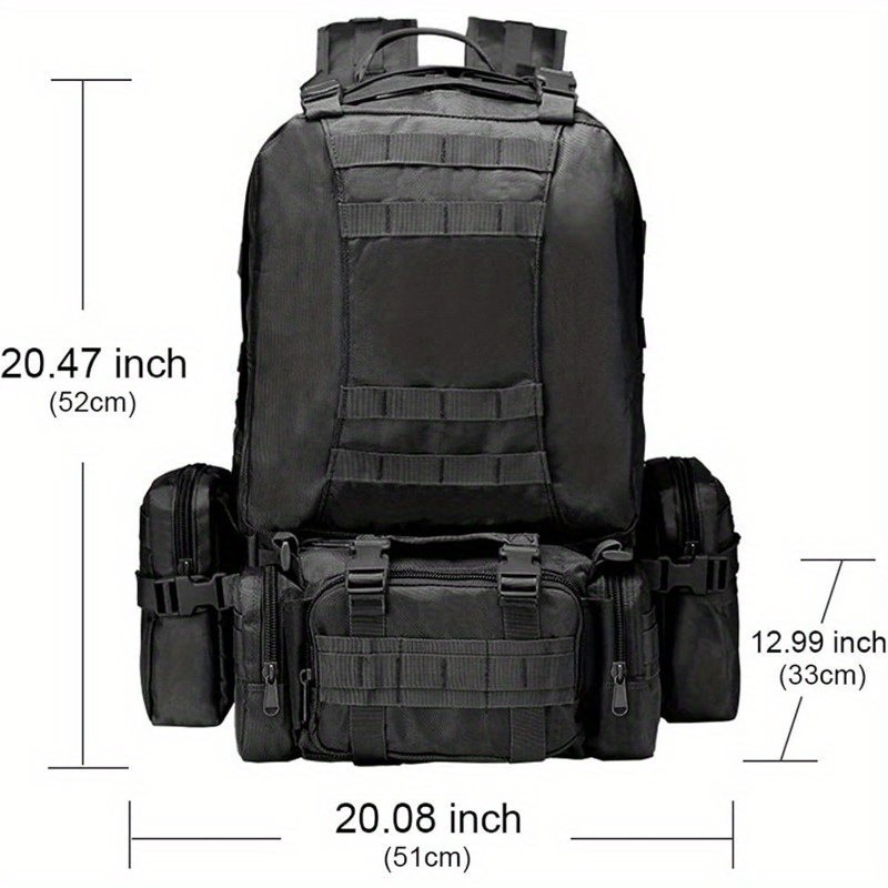 Black tactical MOLLE hunting pack front view showing hook-and-loop patch panel and webbing rows