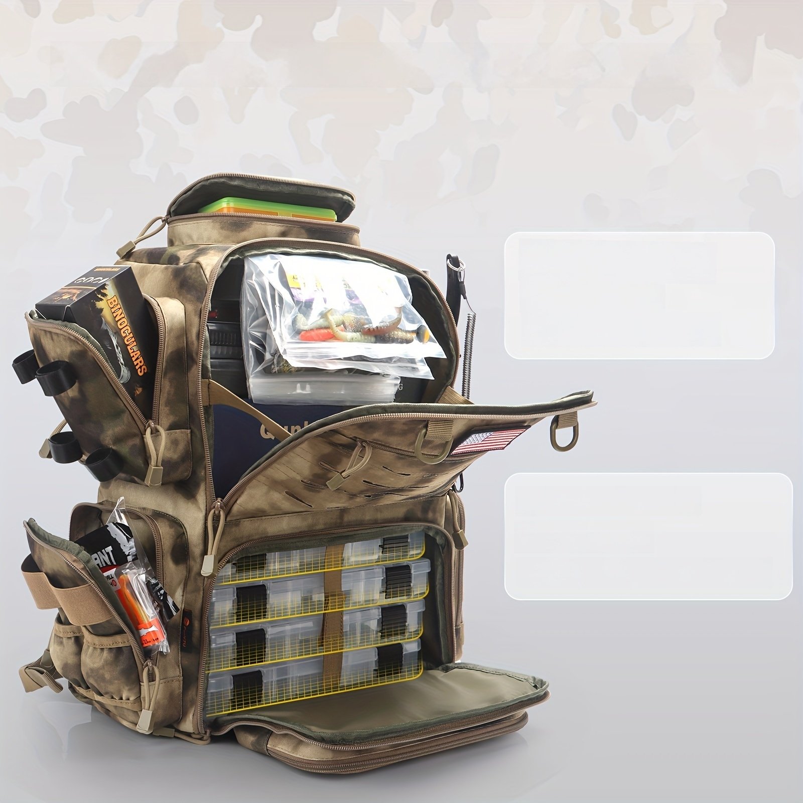 Gray saddle hunting backpack front view showing hydrophobic nylon shell and plaid pattern
