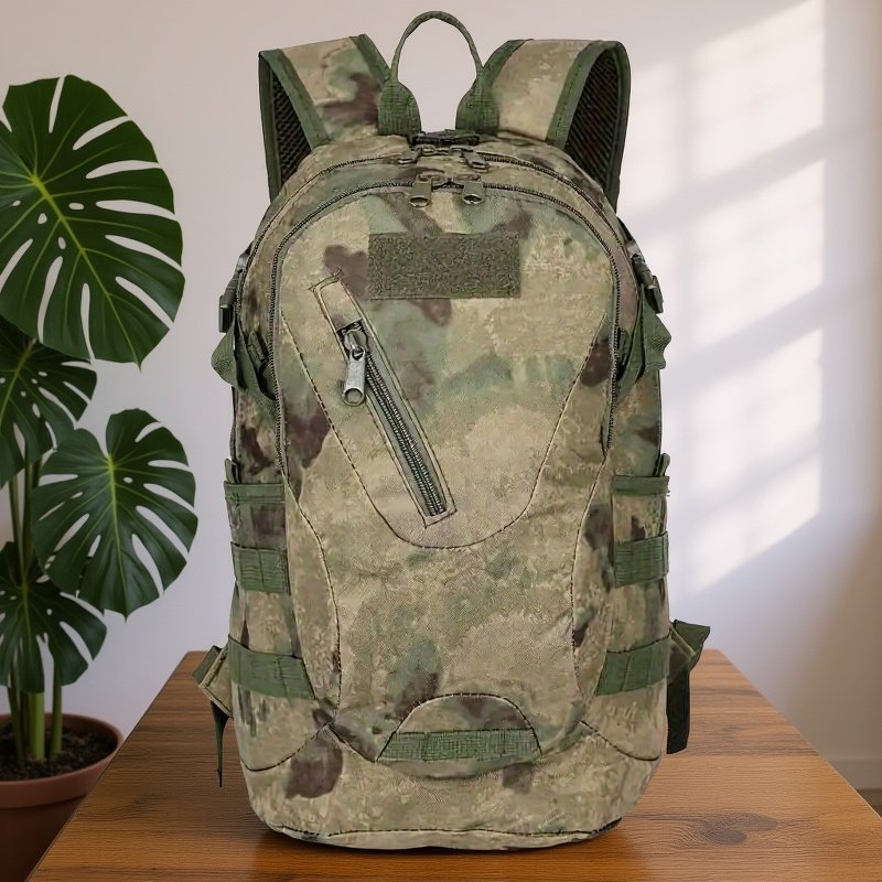 A-TACS FG camo hunting backpack with MOLLE webbing displayed in forest setting