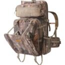 Woodland camo saddle hunting backpack with front drop-down compound bow carrier pocket