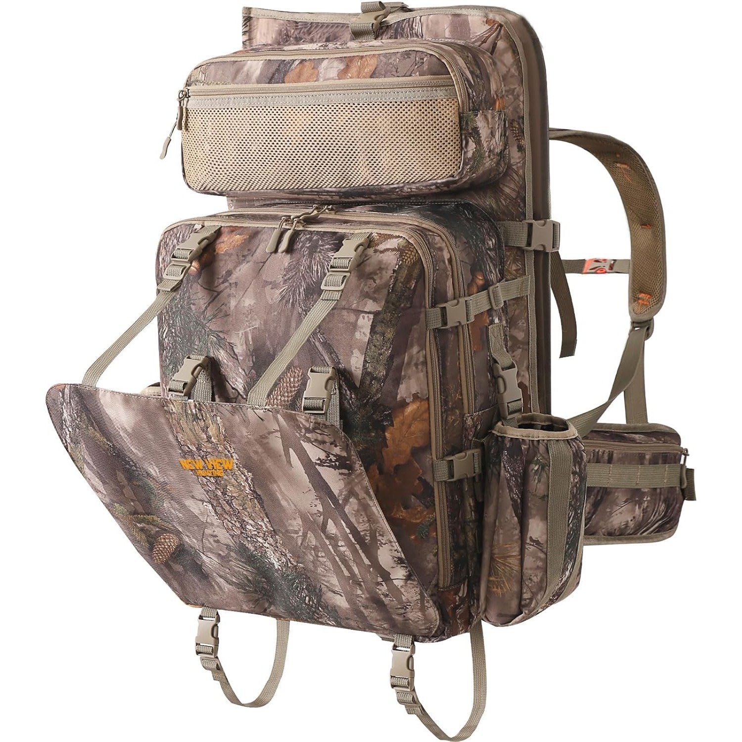 Woodland camo saddle hunting backpack with front drop-down compound bow carrier pocket