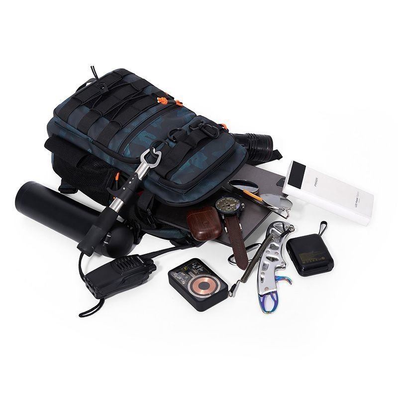 Side angle of an extra-large hunting backpack displaying dual bellows pockets and adjustable ladder-lock buckles