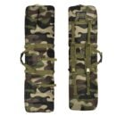 Woodland camo deer hunting backpack with stacked front pockets and zippered accessory storage