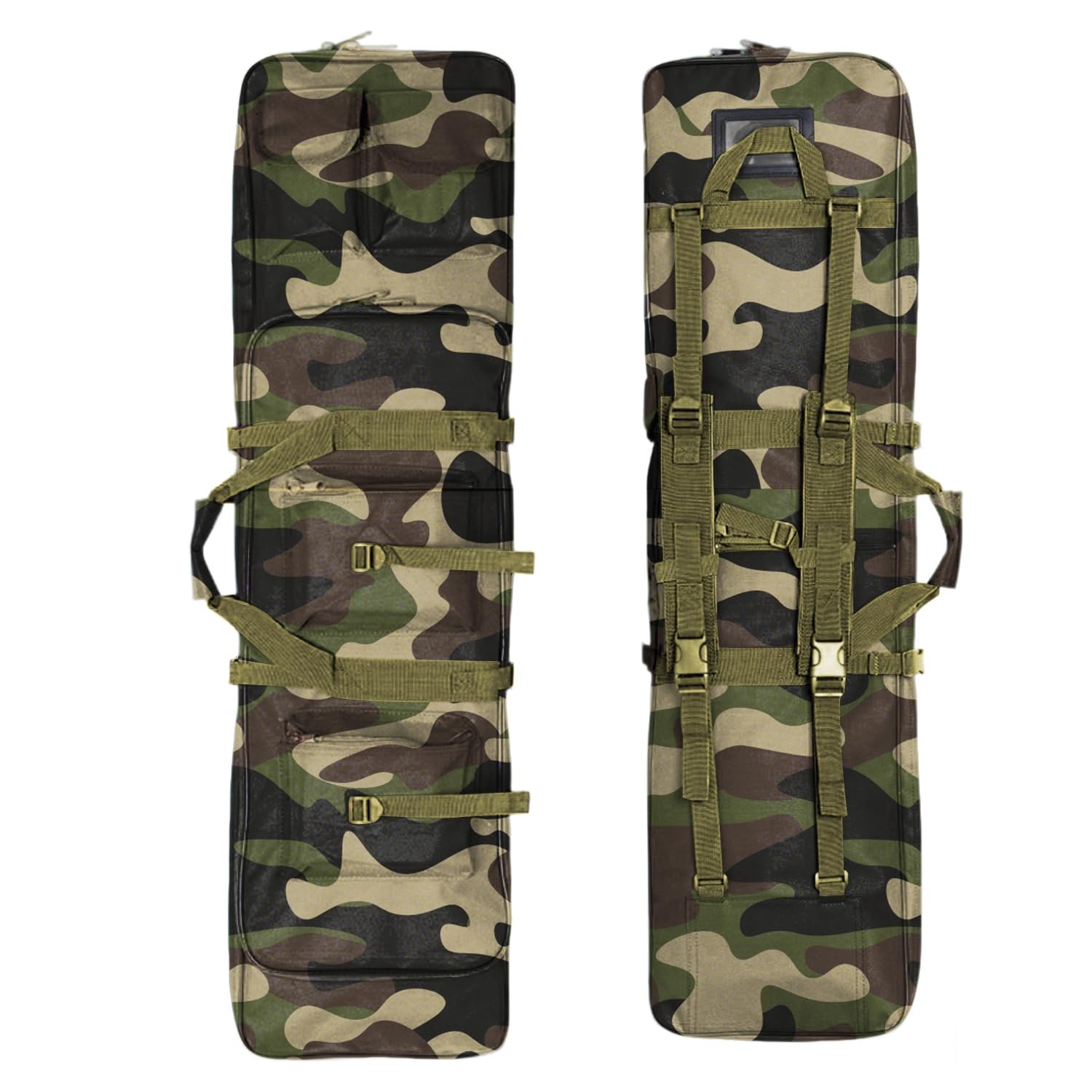 Woodland camo deer hunting backpack with stacked front pockets and zippered accessory storage