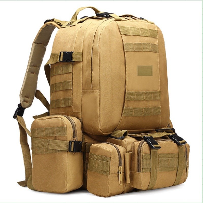 close-up of heavy duty metal zipper pulls and quick release buckles on a tactical backcountry pack