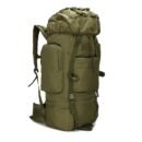 Front view of olive drab hunting frame backpack showing three-tier pocket system and MOLLE webbing