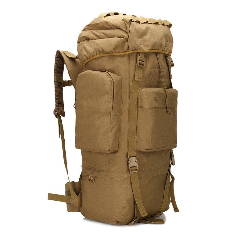 Side angle of extra-large backcountry pack displaying long side pocket and compression straps