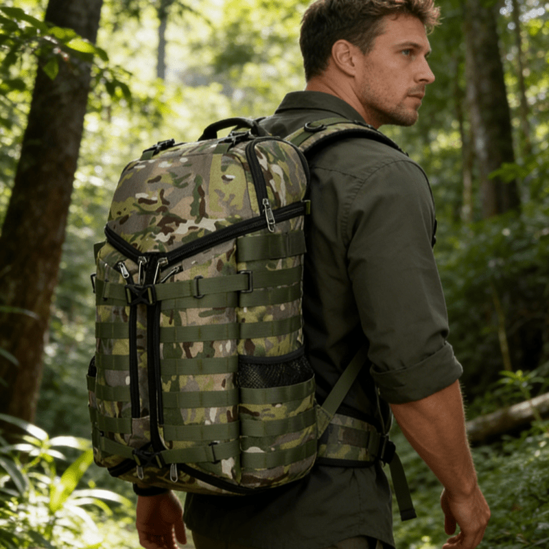 Best day hunting backpack profile view with padded shoulder straps and mesh side pocket