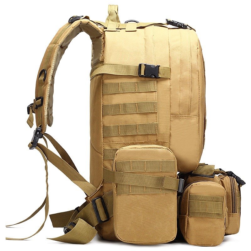 side profile of arctic hunter backpack showing cylindrical side pouches and compression straps
