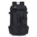 Black tactical duffel-backpack hybrid shown from the front with MOLLE webbing, compression straps, and detachable pouch for modular hunting storage