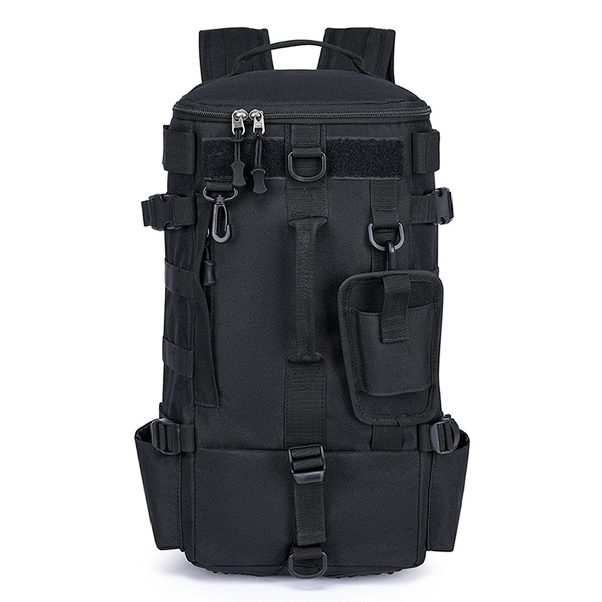 Black tactical duffel-backpack hybrid shown from the front with MOLLE webbing, compression straps, and detachable pouch for modular hunting storage