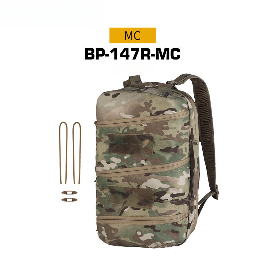 MultiCam hunting backpack with triple horizontal front pockets displayed in studio setting