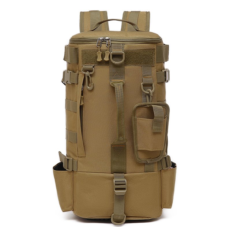Top-down studio view of a waterproof hunting backpack displaying the wide circular zipper opening with dual metal sliders for easy gear loading