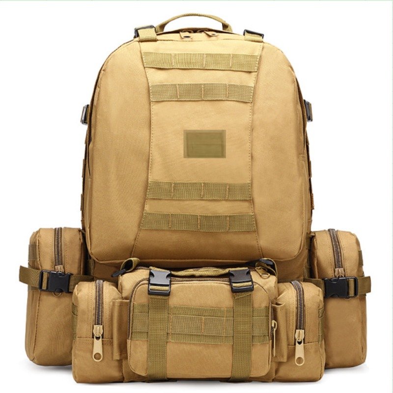 coyote tan modular hunting backpack with front MOLLE panel and detachable pouches on white background