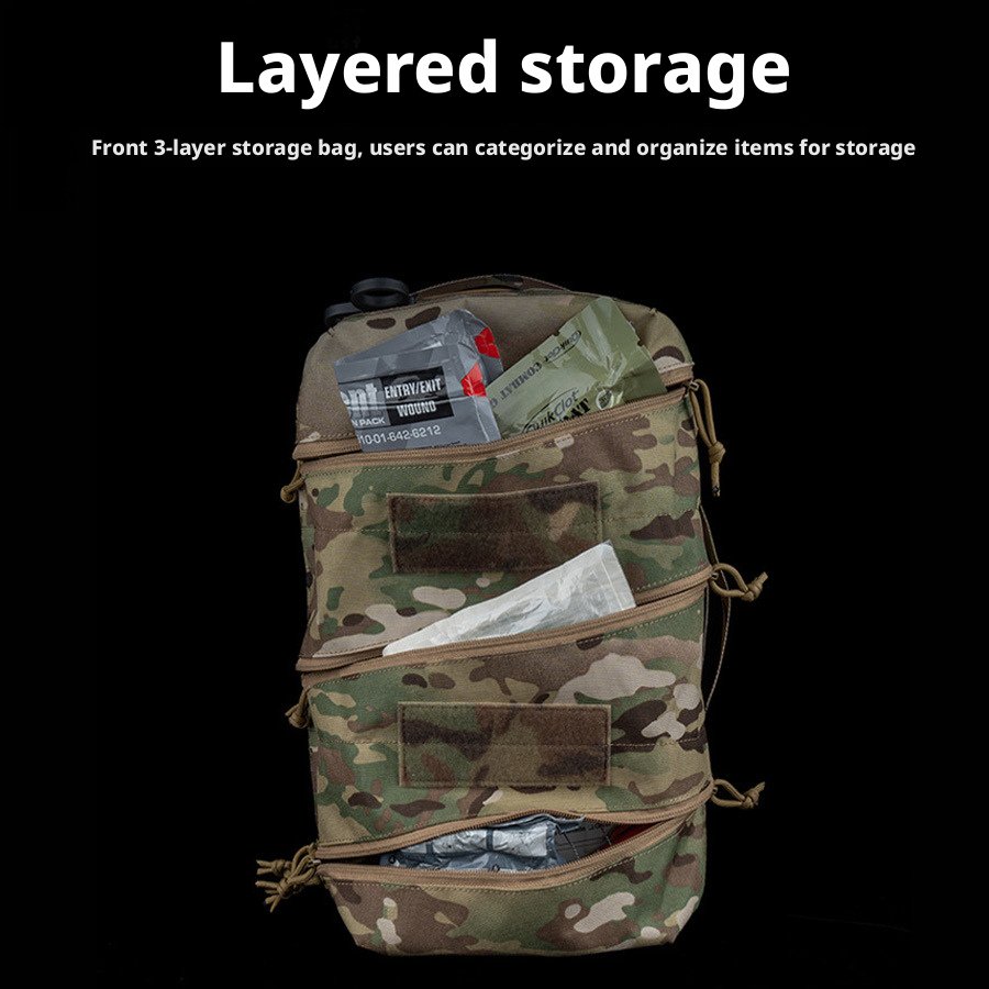 Close-up of mesh-padded shoulder strap and top carry handle on camo day pack