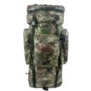 Front view of a digital woodland camo expedition hunter backpack showing zippered utility pockets and vertical compression straps