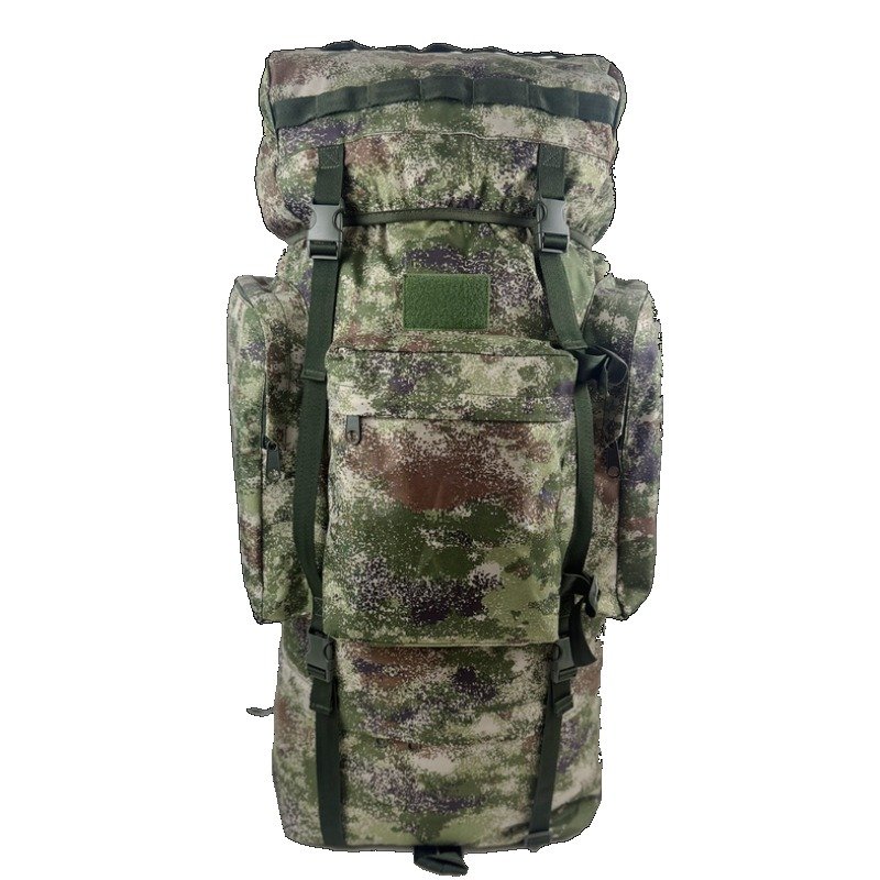 Front view of a digital woodland camo expedition hunter backpack showing zippered utility pockets and vertical compression straps